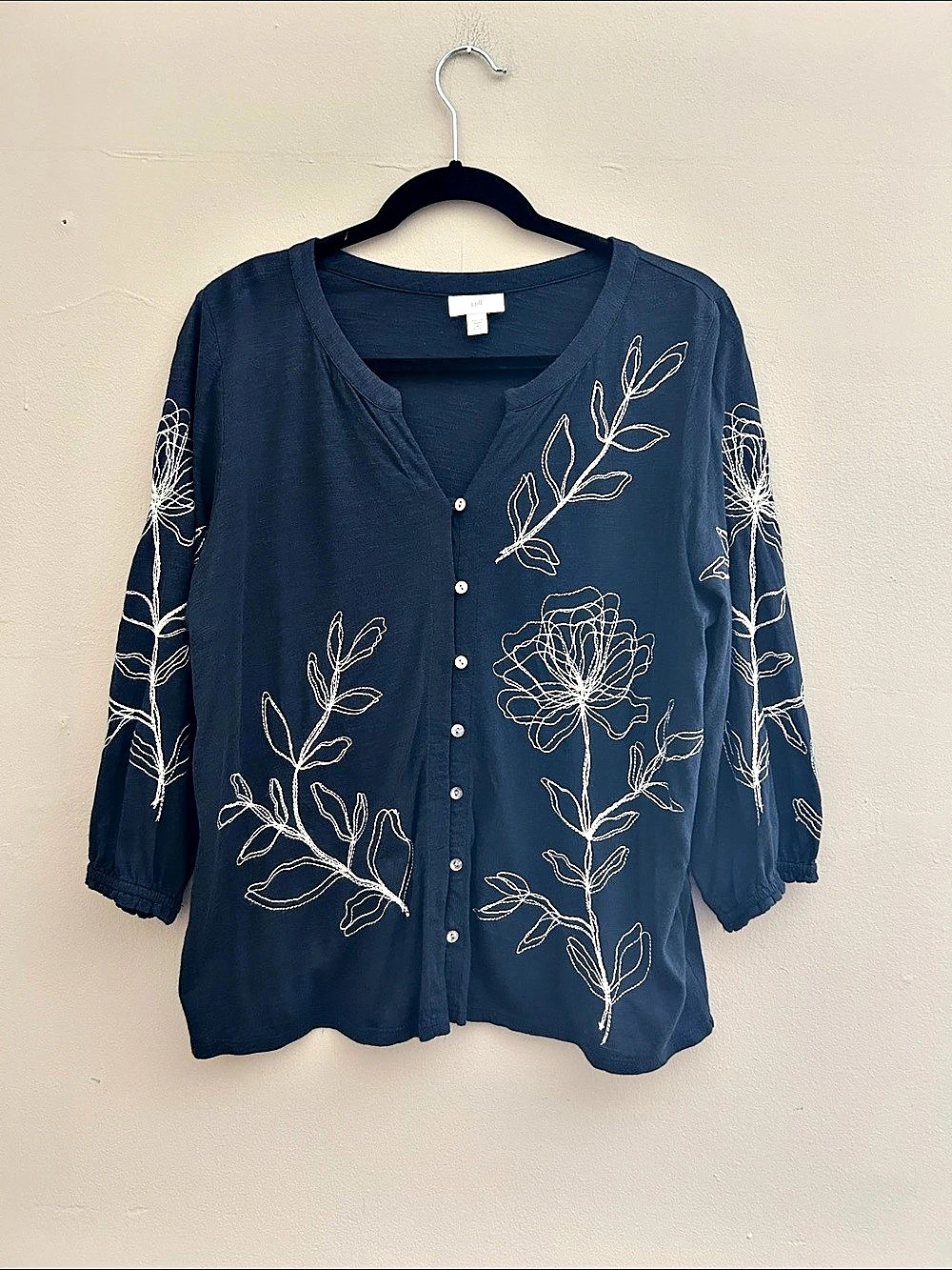 J Jill Embroidered Button-Front Top Floral Blue Size Medium Petite